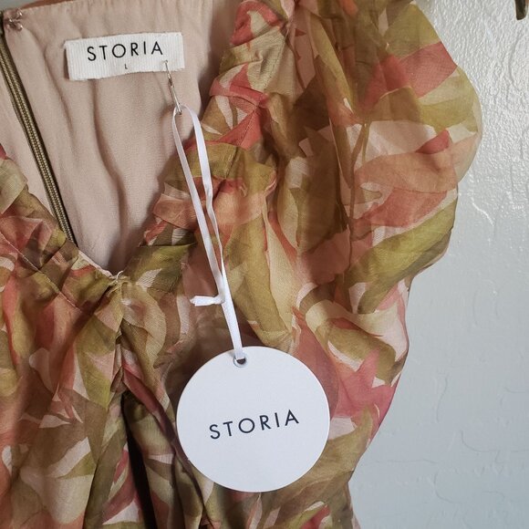 Storia Tiered Ruffled Midi Dress Warm Leaves Print Womens Large Fall Wedding NEW - Picture 2 of 12